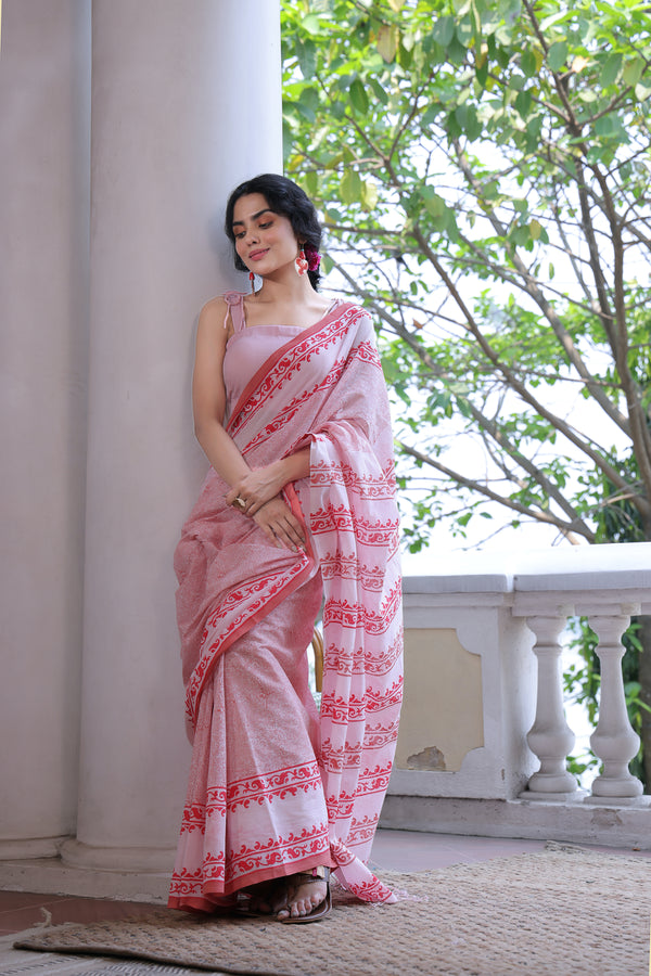 'BOTEH: Blush' Handwoven & Handblock Printed Cotton
