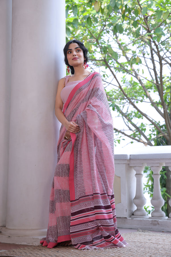 'LANTANA: Blush' Handwoven & Handblock Printed Cotton