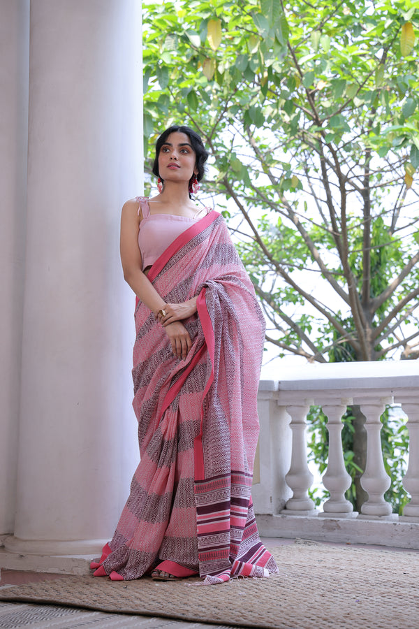 'LANTANA: Blush' Handwoven & Handblock Printed Cotton