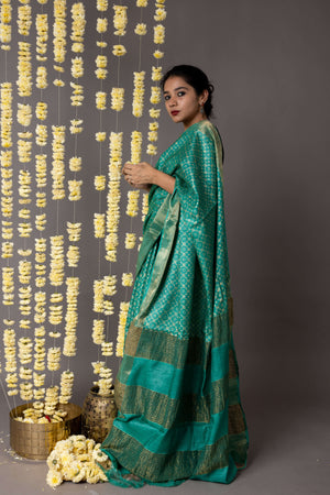 'MEHRANGARH: GREEN' Hand block printed Tussar silk
