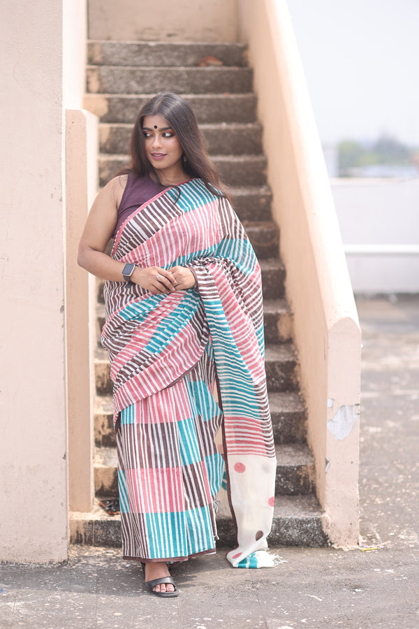 'CORAL CHARM' Hand block printed cotton saree
