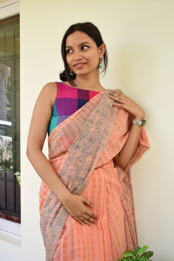 'NANDYARVATTAM: Blue' Hand block printed handloom Kota Doria