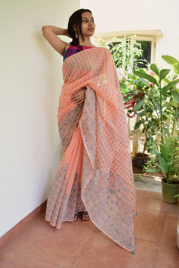 'NANDYARVATTAM: Blue' Hand block printed handloom Kota Doria
