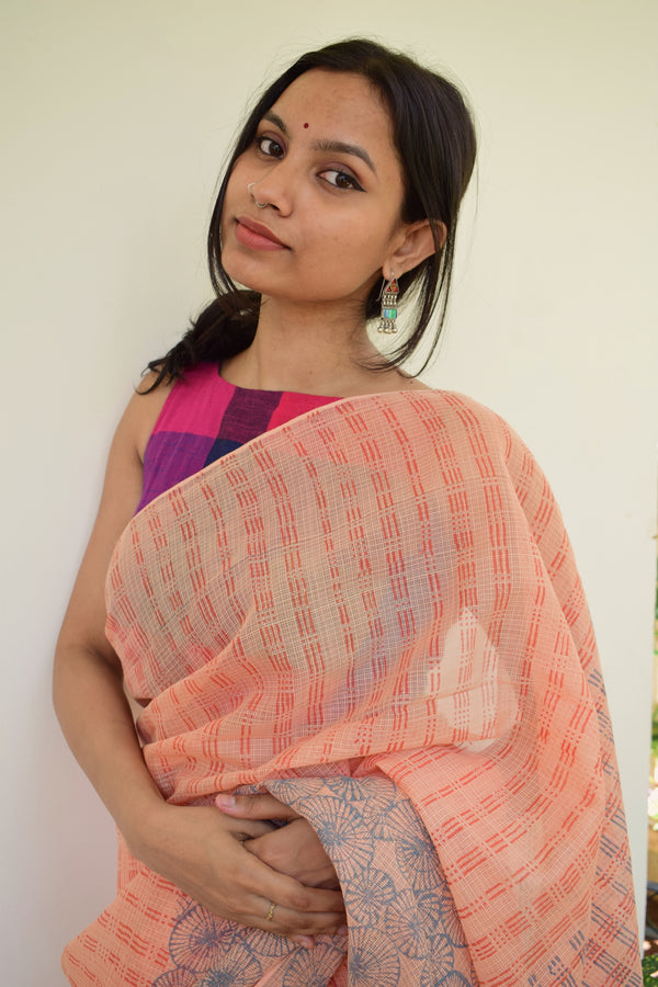 'NANDYARVATTAM: Blue' Hand block printed handloom Kota Doria
