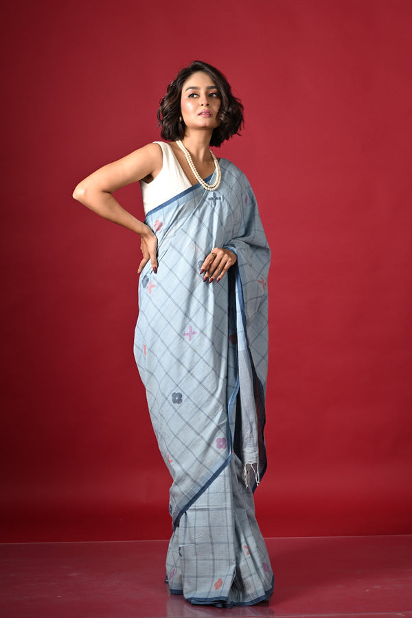 'CHAMELI: Pale ink blue' Handwoven Bengal Jamdani