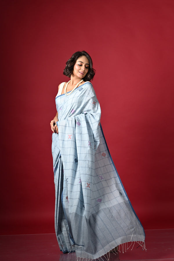 'CHAMELI: Pale ink blue' Handwoven Bengal Jamdani