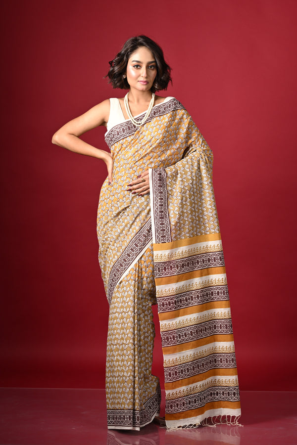 'PETAL PLUSH: Mustard' Hand Block Printed Cotton Saree