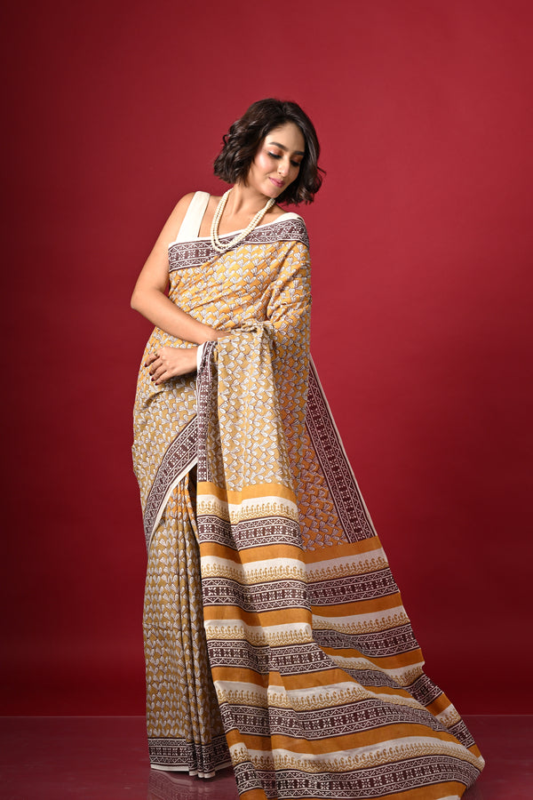 'PETAL PLUSH: Mustard' Hand Block Printed Cotton Saree