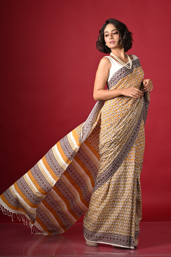 'PETAL PLUSH: Mustard' Hand Block Printed Cotton Saree