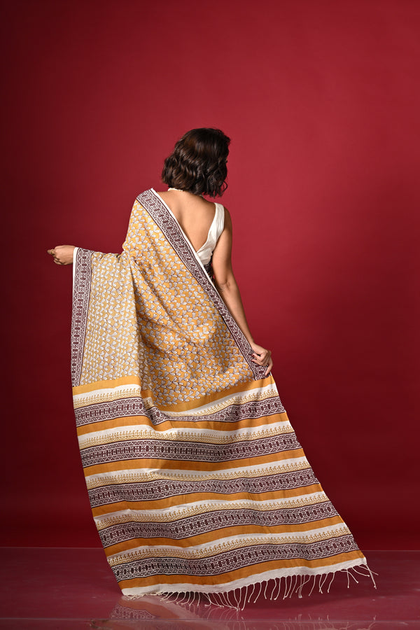 'PETAL PLUSH: Mustard' Hand Block Printed Cotton Saree