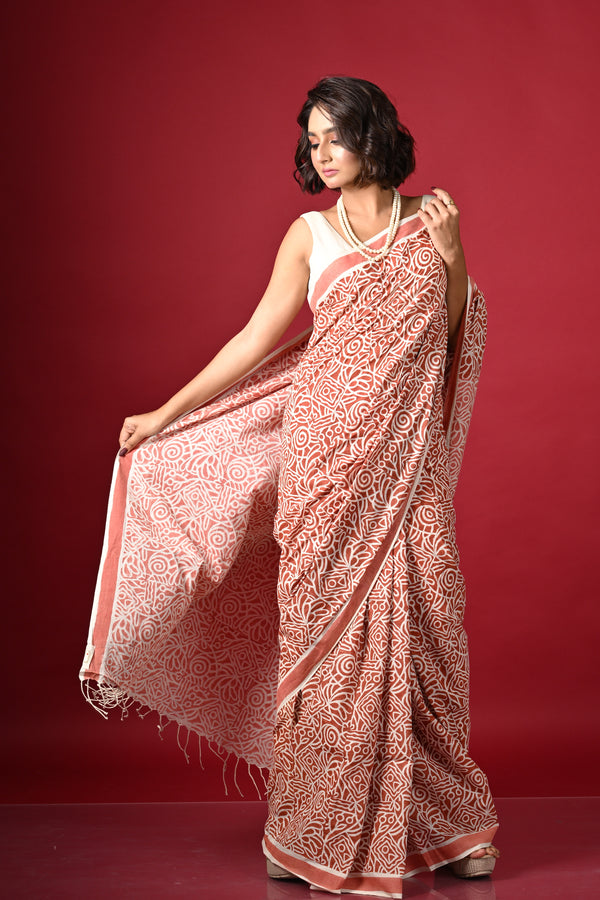 'MAZE RUNNER: Red' Hand Block Printed Cotton Saree