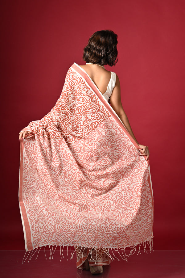 'MAZE RUNNER: Red' Hand Block Printed Cotton Saree