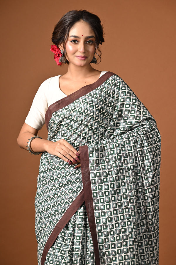'DIMENSIONS: Green ' Hand Block Printed Cotton Saree