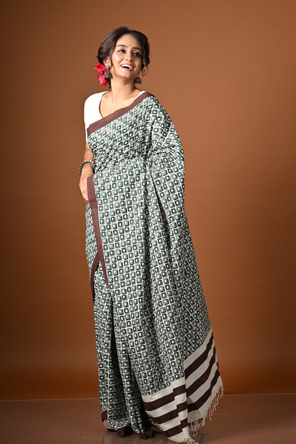 'DIMENSIONS: Green ' Hand Block Printed Cotton Saree