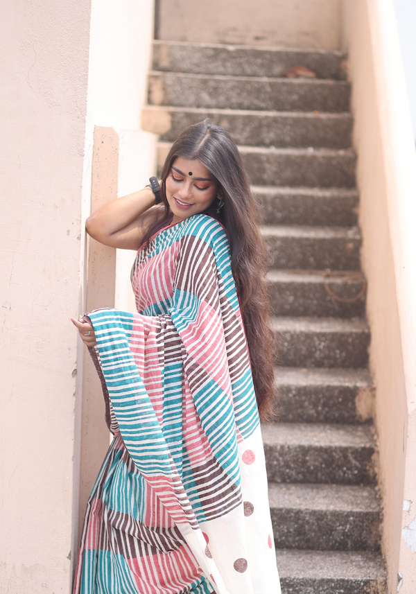 'CORAL CHARM' Hand block printed cotton saree