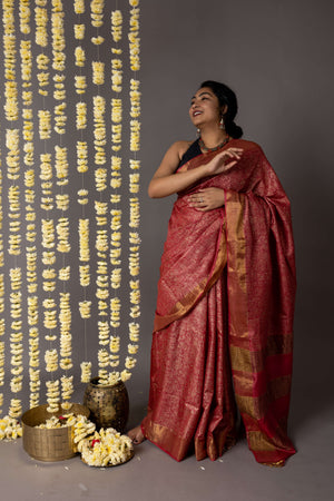 'ARAM BAGH: RED' Hand block printed Tussar silk