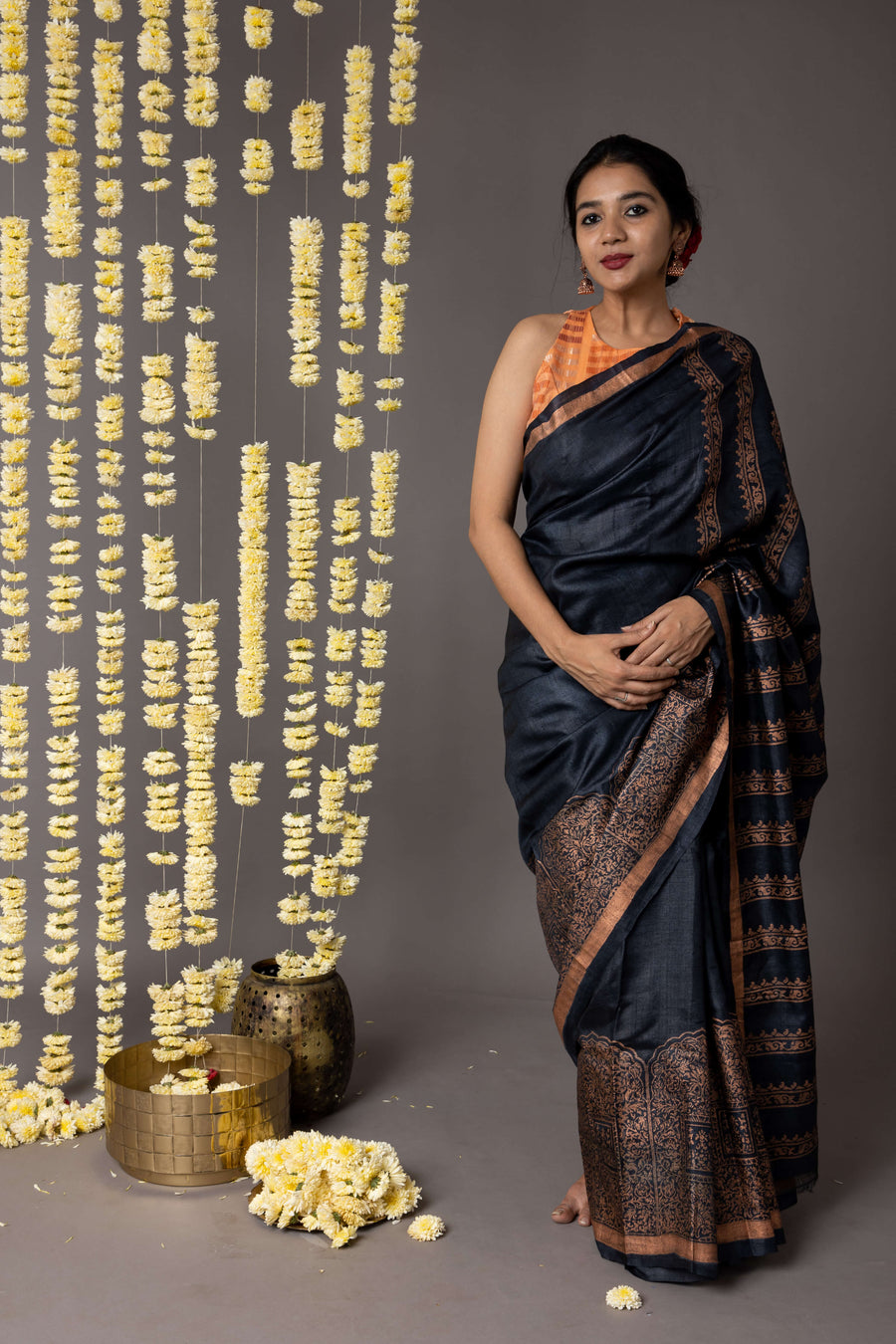 'HAWA MAHAL: BLACK' Hand block printed Tussar silk