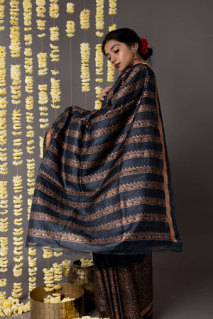 'HAWA MAHAL: BLACK' Hand block printed Tussar silk