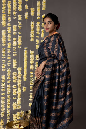 'HAWA MAHAL: BLACK' Hand block printed Tussar silk
