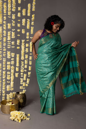'ARAM BAGH: GREEN' Hand block printed Tussar silk