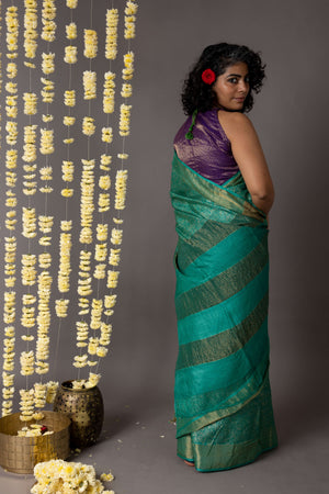 'ARAM BAGH: GREEN' Hand block printed Tussar silk