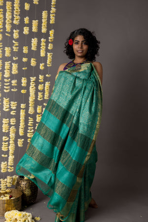 'ARAM BAGH: GREEN' Hand block printed Tussar silk