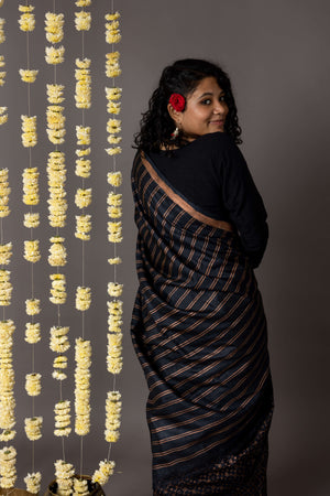 'MEHRANGARH: BLACK' Hand block printed Tussar silk