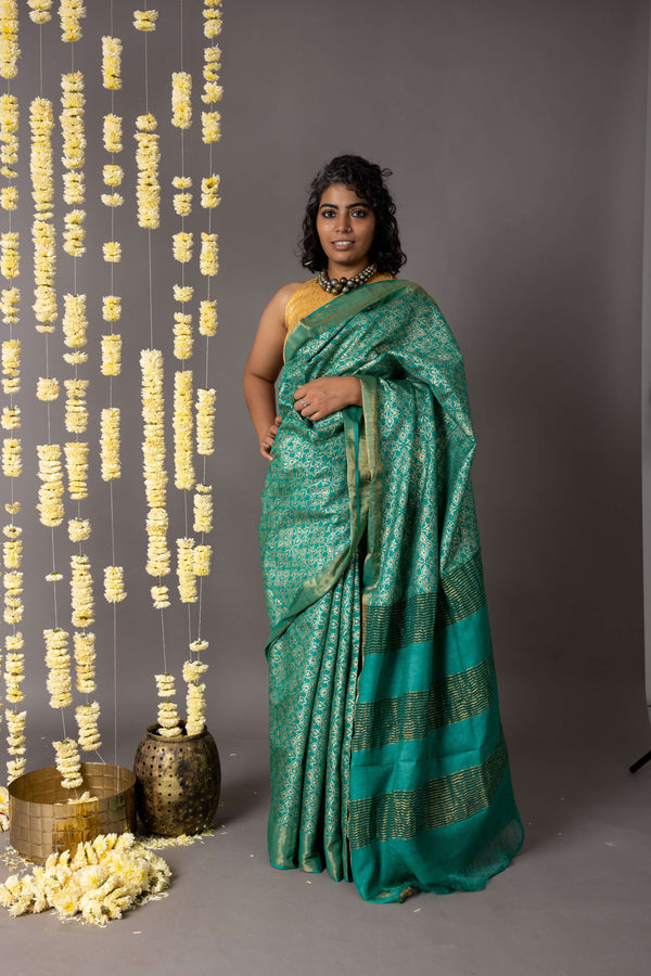 'NAHARGARH: GREEN' Hand block printed Tussar silk