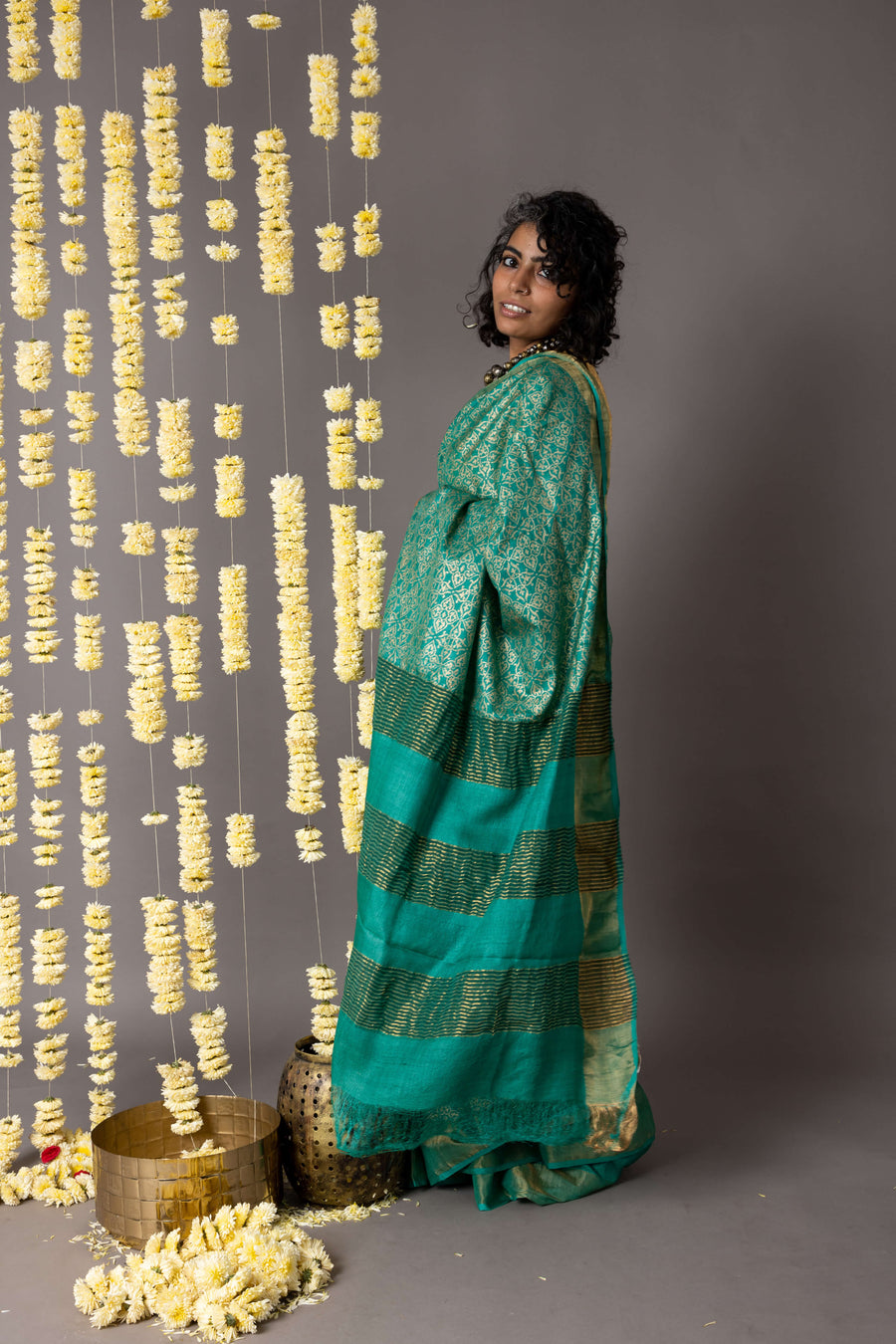 'NAHARGARH: GREEN' Hand block printed Tussar silk
