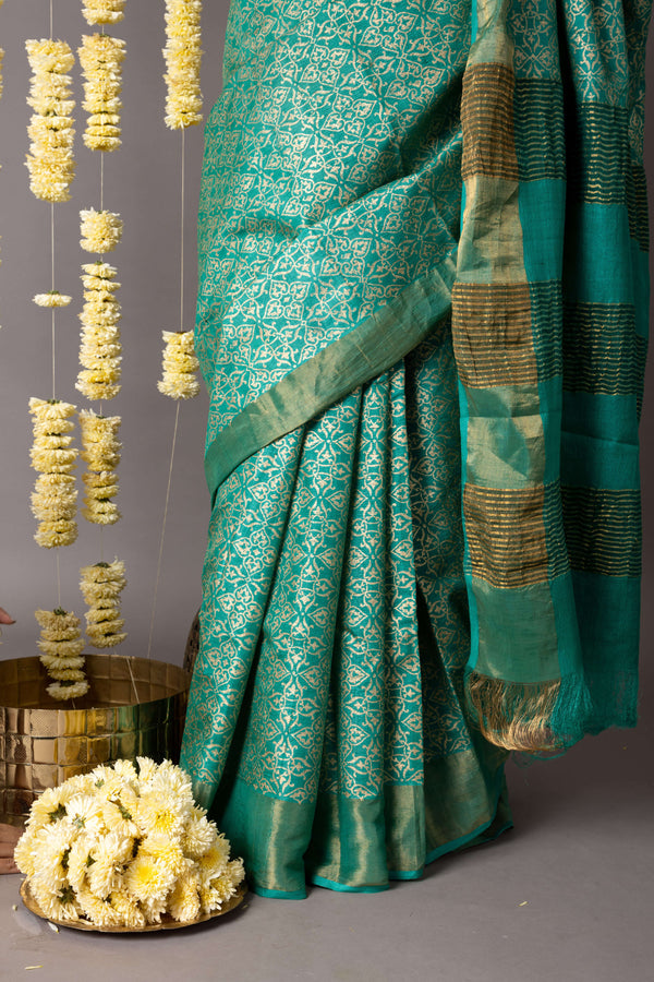 'NAHARGARH: GREEN' Hand block printed Tussar silk