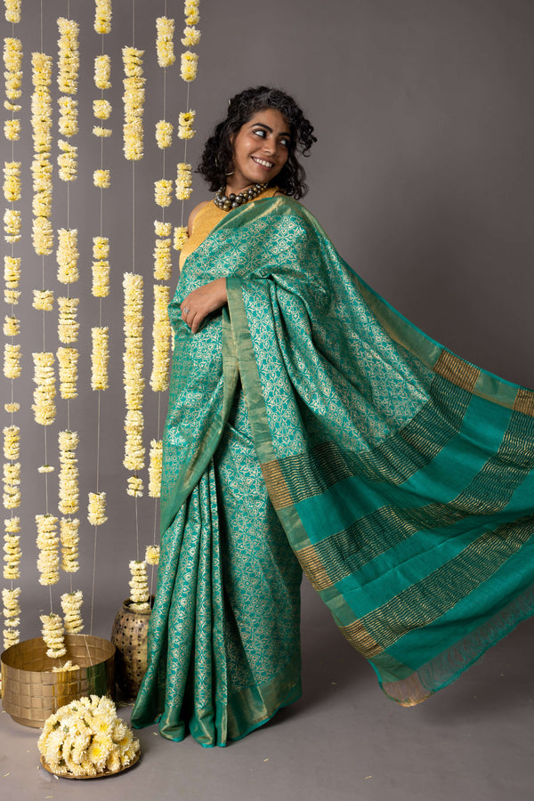 'NAHARGARH: GREEN' Hand block printed Tussar silk