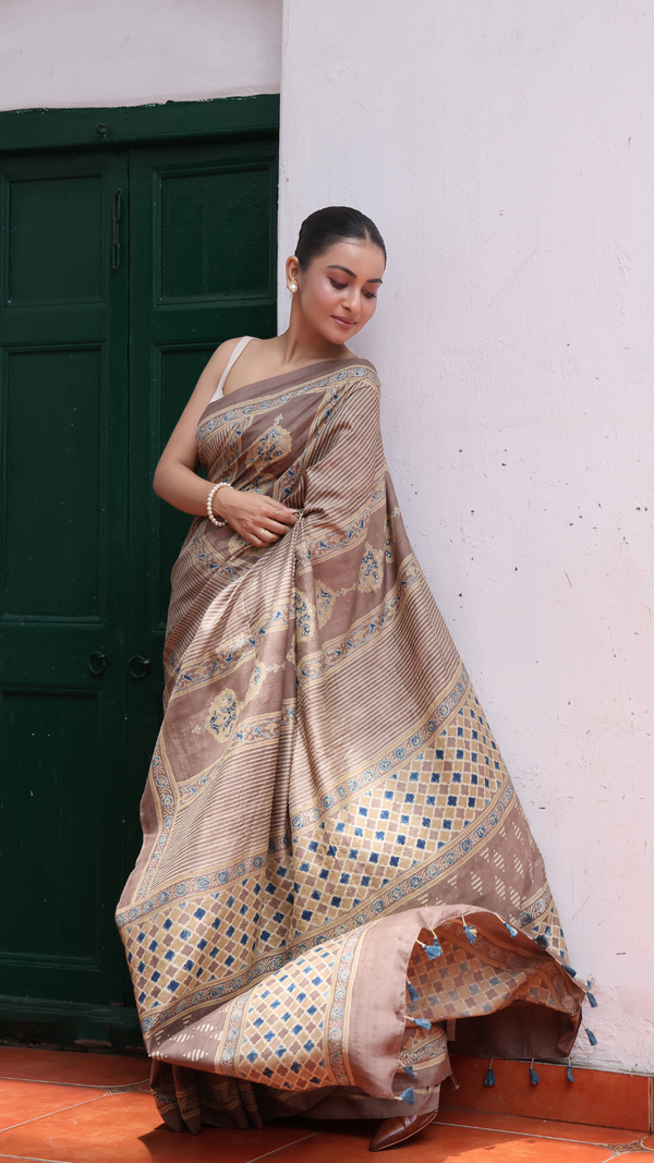 'SHAHJEHAN: Brown' Ajrakh Handwoven Mulberry Silk Saree