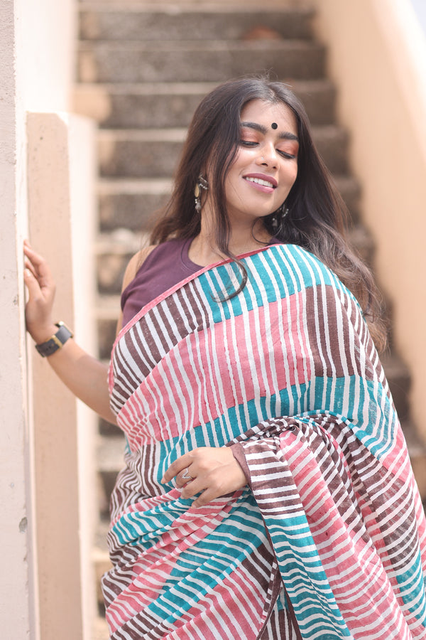 'CORAL CHARM' Hand block printed cotton saree