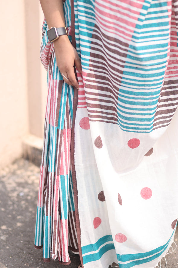 'CORAL CHARM' Hand block printed cotton saree