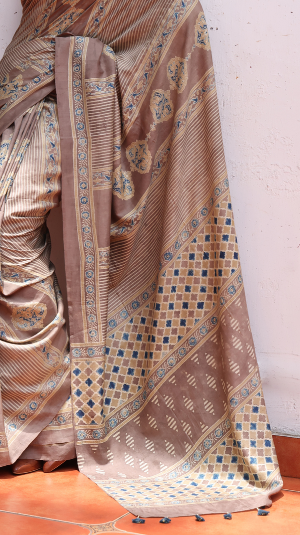 'SHAHJEHAN: Brown' Ajrakh Handwoven Mulberry Silk Saree