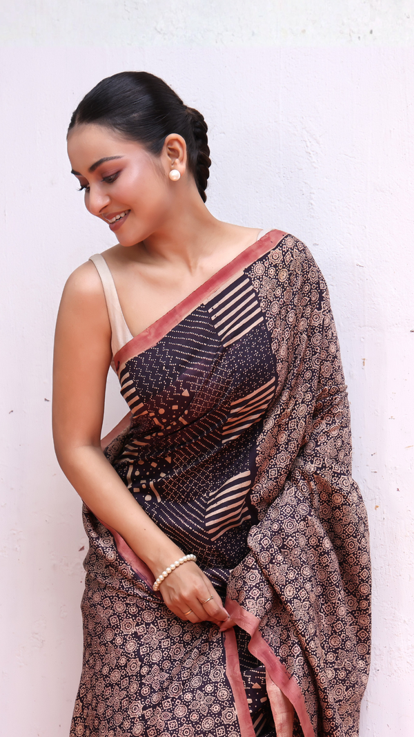 'NAIKI DEVI: Red' Ajrakh Handwoven Mulberry Silk Saree