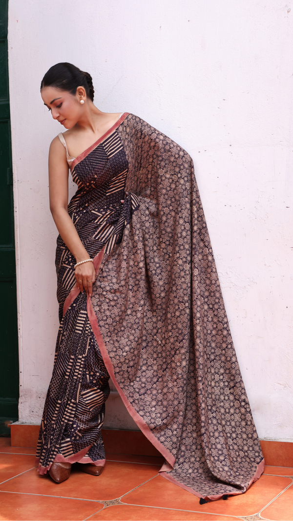 'NAIKI DEVI: Red' Ajrakh Handwoven Mulberry Silk Saree
