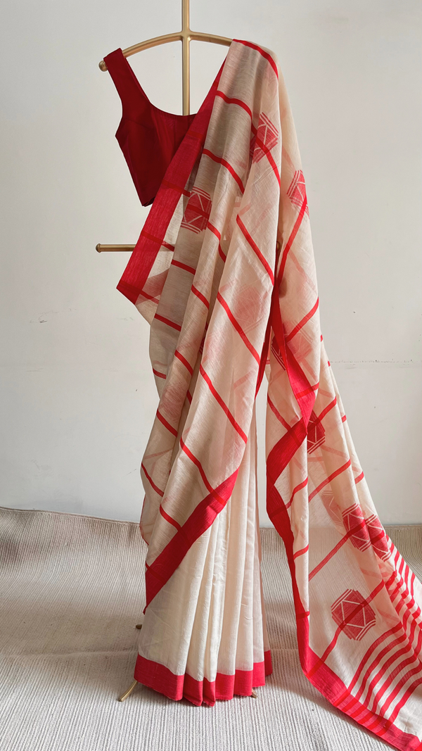 'SHREE: Ivory' Handwoven Silk-Cotton Jamdani Saree