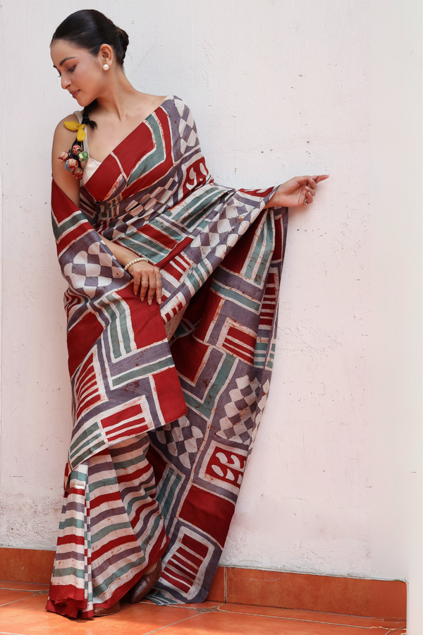 'ALBERS: Red' Batik on Handwoven Mulberry silk