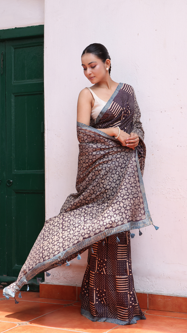 'NAIKI DEVI: Indigo' Ajrakh Handwoven Mulberry Silk Saree