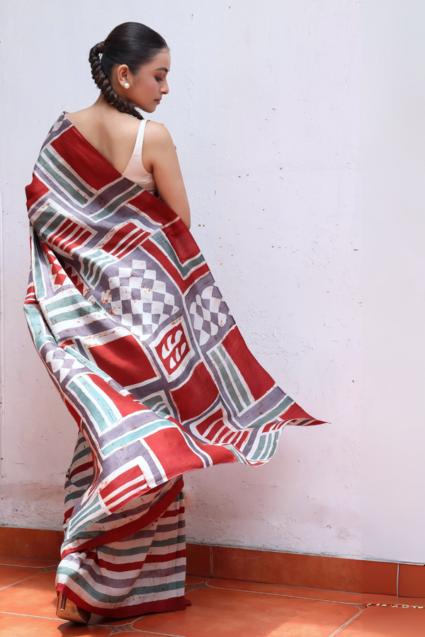 'ALBERS: Red' Batik on Handwoven Mulberry silk