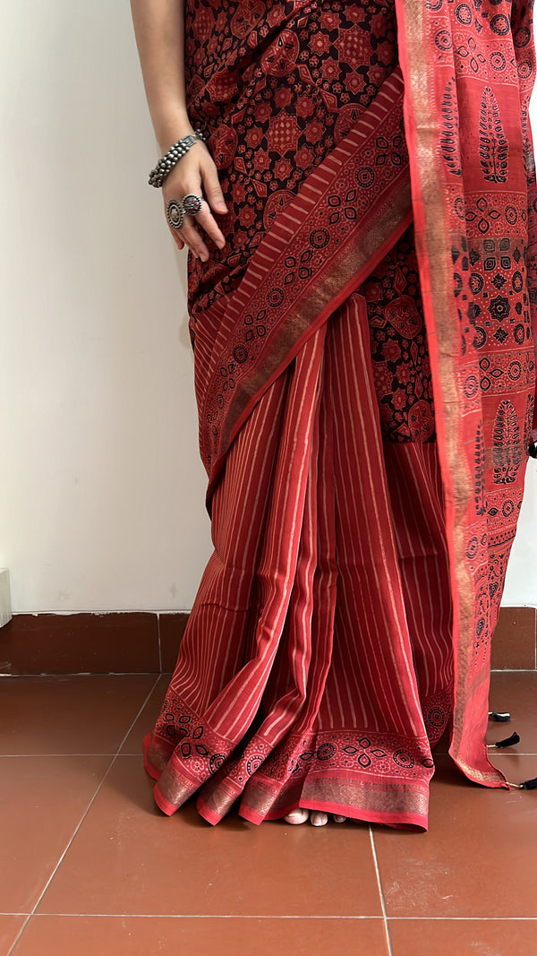 'QUDSIA: Red' Handblock Ajrakh on Handwoven Maheshwari Saree