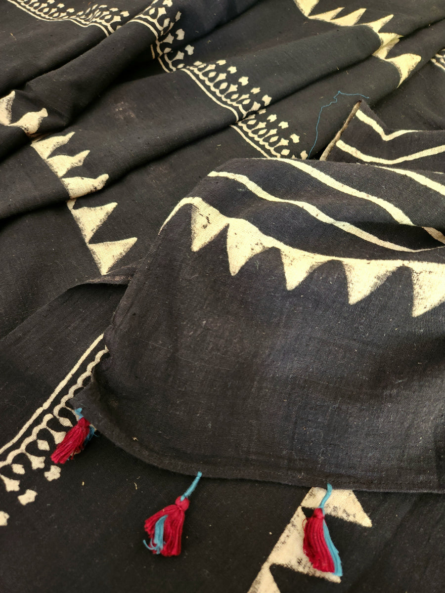 'SARA: Black' Ajrakh on handwoven Kala Cotton