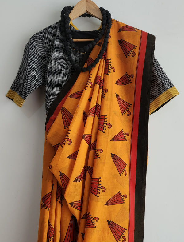 'MONSOON WHIMSY : Yellow' Hand block printed Begumpuri