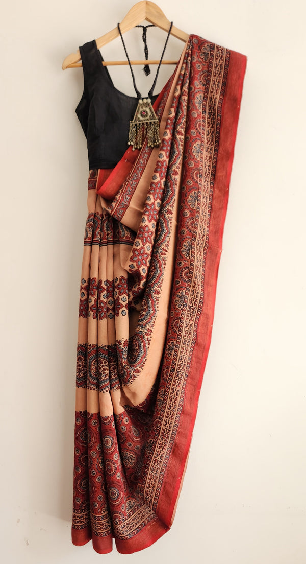 'DURGAWATI: Red' Ajrakh on handwoven Maheshwari