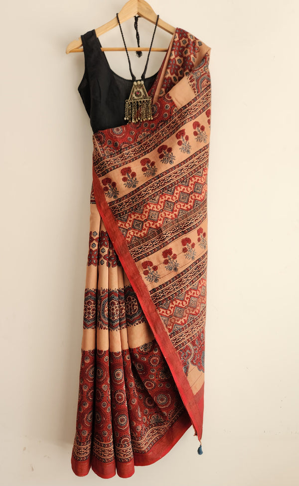 'DURGAWATI: Red' Ajrakh on handwoven Maheshwari