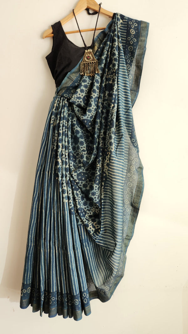 'QUDSIA: Indigo' Ajrakh on handwoven Maheshwari