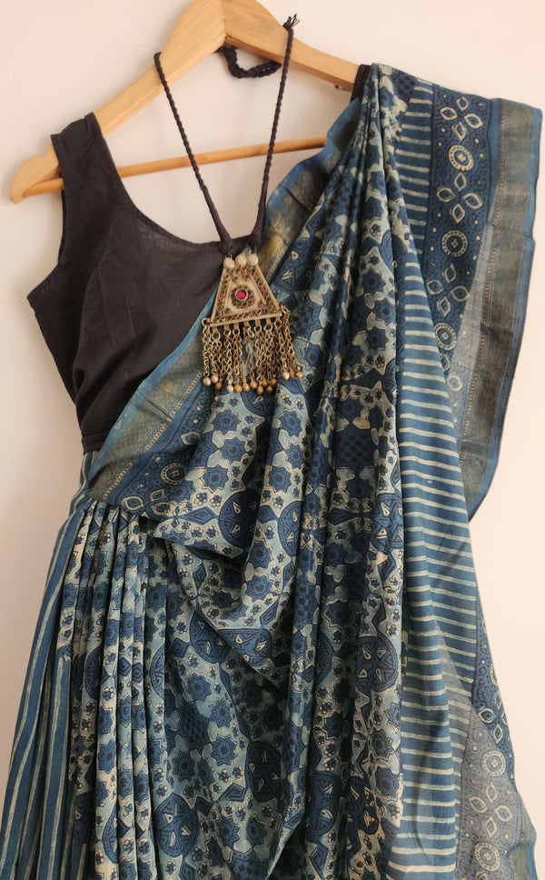 'QUDSIA: Indigo' Ajrakh on handwoven Maheshwari