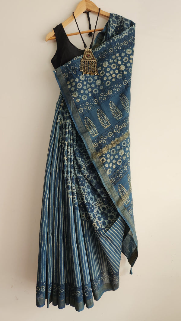 'QUDSIA: Indigo' Ajrakh on handwoven Maheshwari