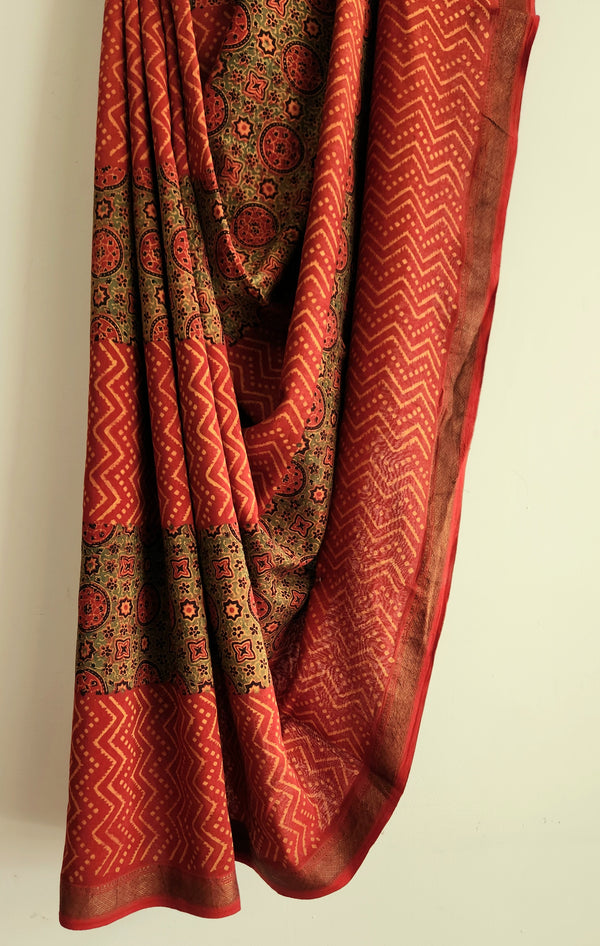 'SULTAN JAHAN: Red' Ajrakh on handwoven Maheshwari